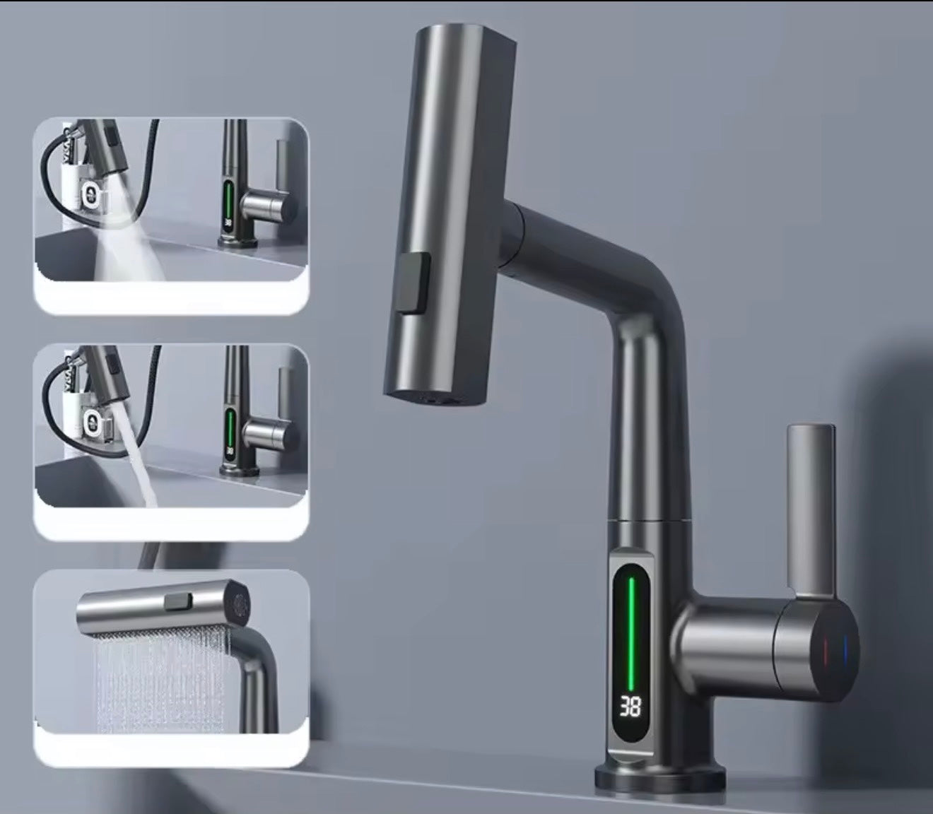 Digital Display Bathroom Basin Faucet with Pull-Out 3-Way Sprayer