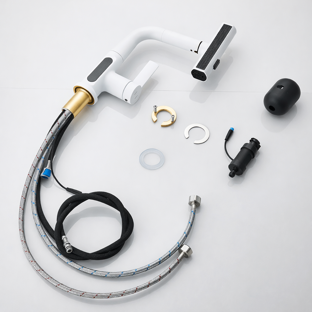 Digital Display Bathroom Basin Faucet with Pull-Out 3-Way Sprayer