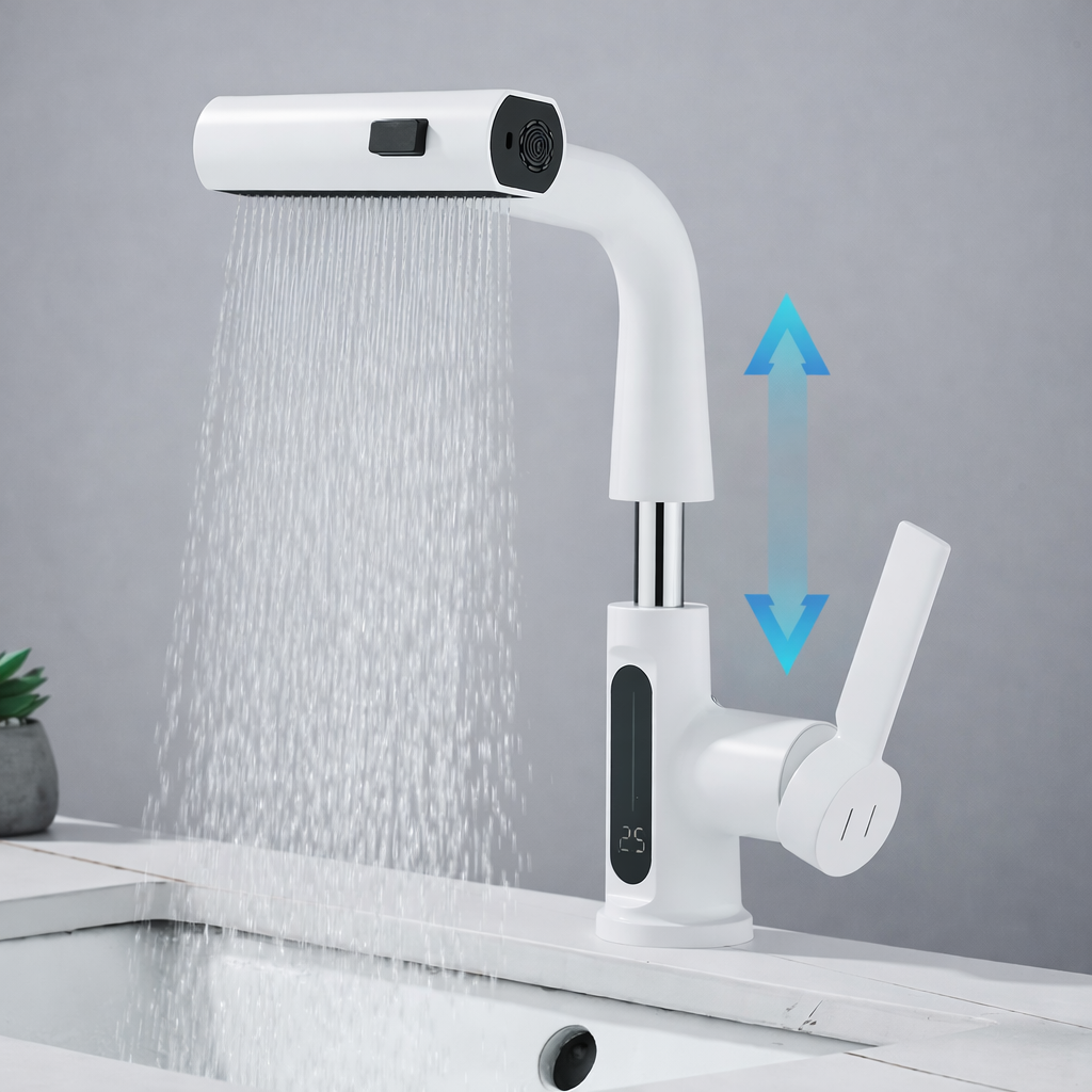 Digital Display Bathroom Basin Faucet with Pull-Out 3-Way Sprayer