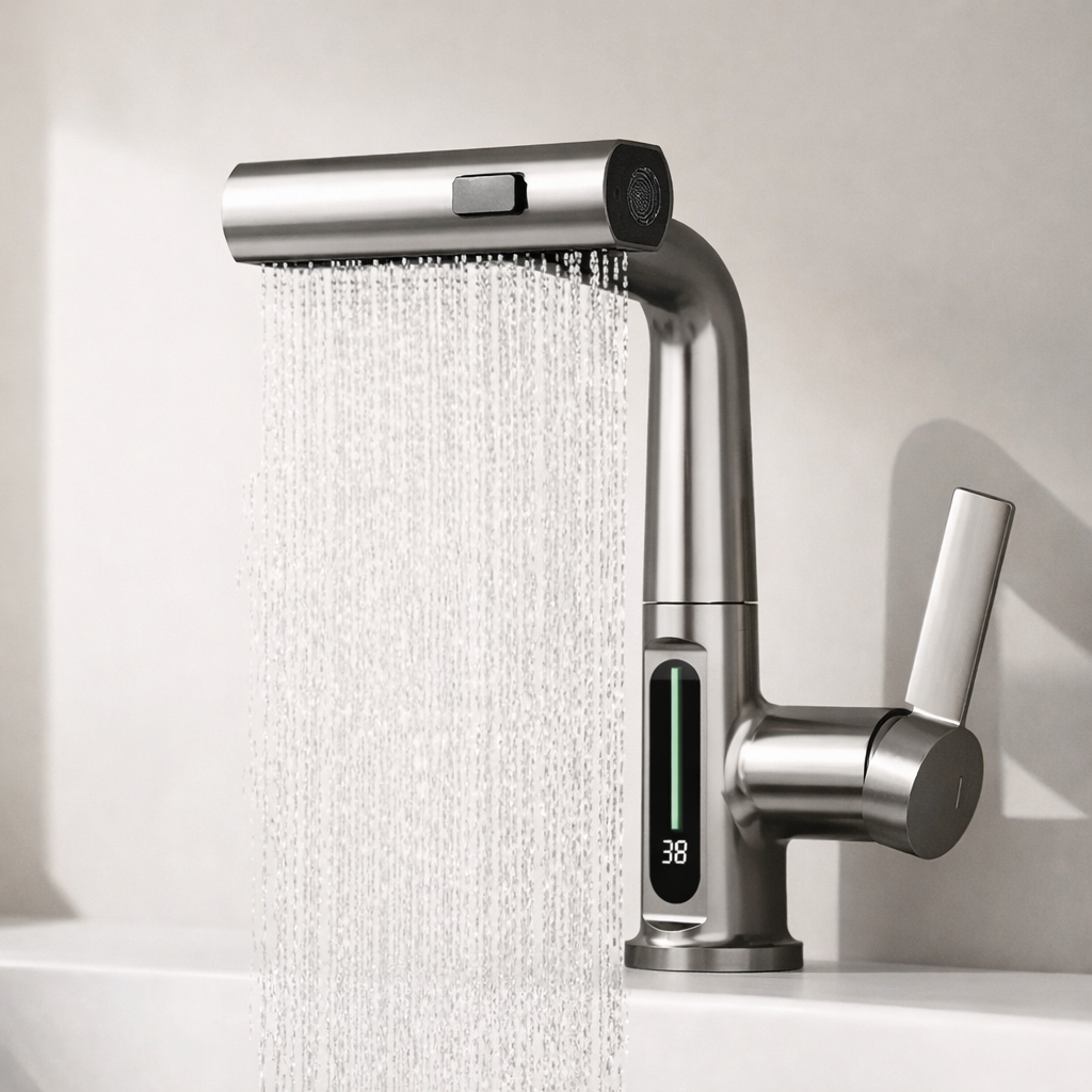 Digital Display Bathroom Basin Faucet with Pull-Out 3-Way Sprayer