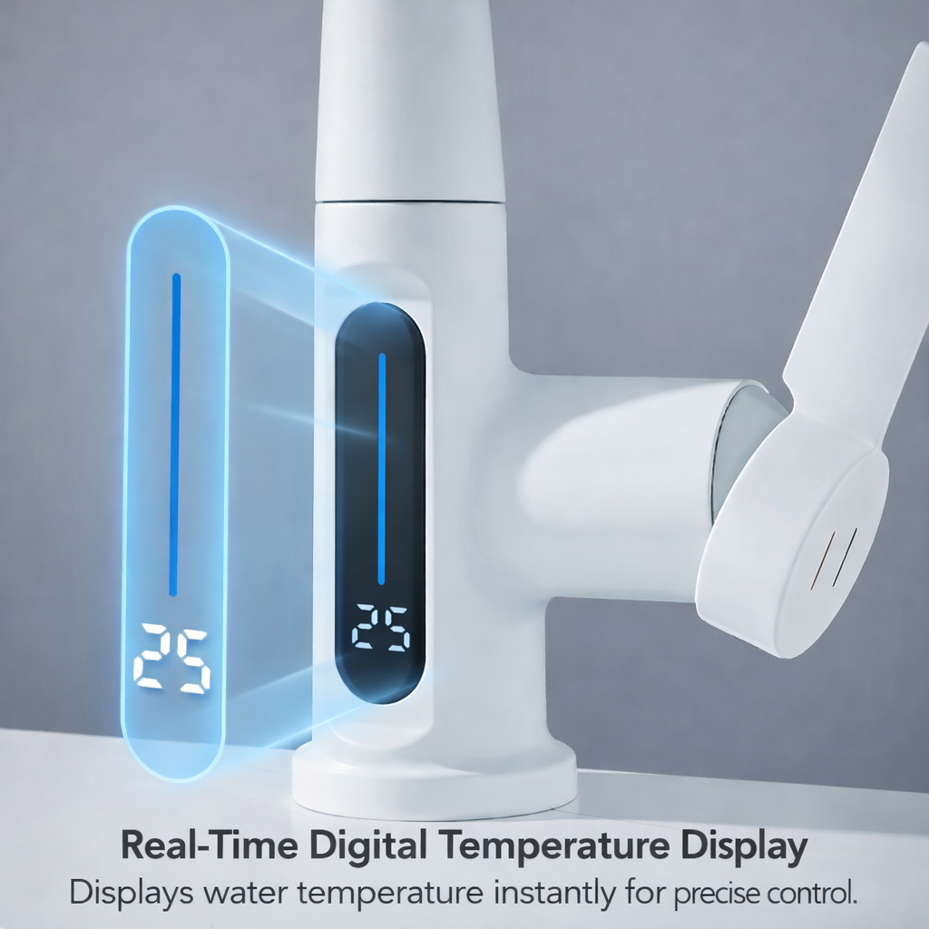 Digital Display Bathroom Basin Faucet with Pull-Out 3-Way Sprayer