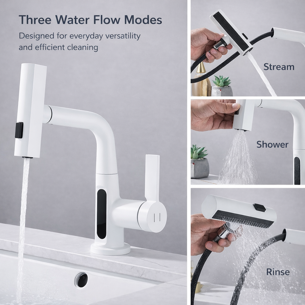 Digital Display Bathroom Basin Faucet with Pull-Out 3-Way Sprayer