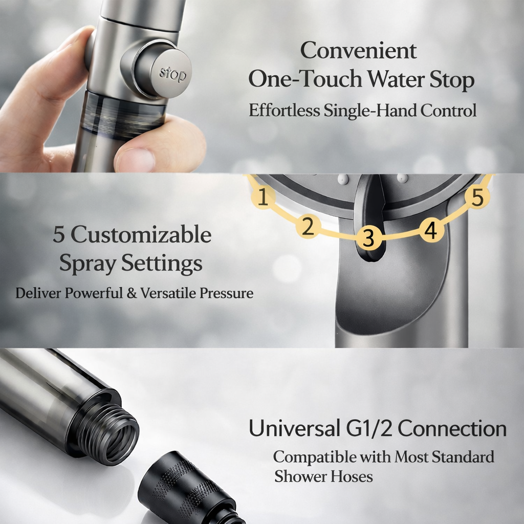 5-Mode High-Pressure Filtered Shower Head with Water-Saving Sprayer